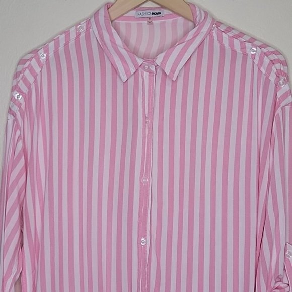 Fashion Nova Pink and White Striped Button Up Top, Size M - Picture 2 of 9